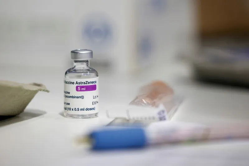 A vial of AstraZeneca coronavirus vaccine is seen at a vaccination centre in Westfield Stratford City shopping centre, amid the outbreak of COVID-19 disease in London, Britain, on Feb. 18, 2021. (Henry Nicholls/Reuters)
