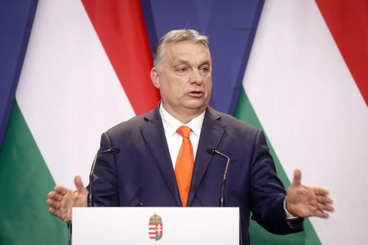 Hungarian prime minister Viktor Orban, speaks during a joint press conference in Budapest, Hungary on April 1, 2021. (Laszlo Balogh/AP Photo)