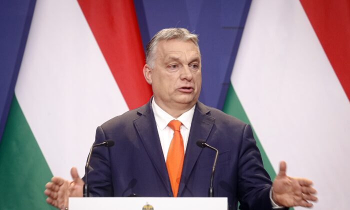 Hungarian prime minister Viktor Orban, speaks during a joint press conference in Budapest, Hungary on April 1, 2021. (Laszlo Balogh/AP Photo)