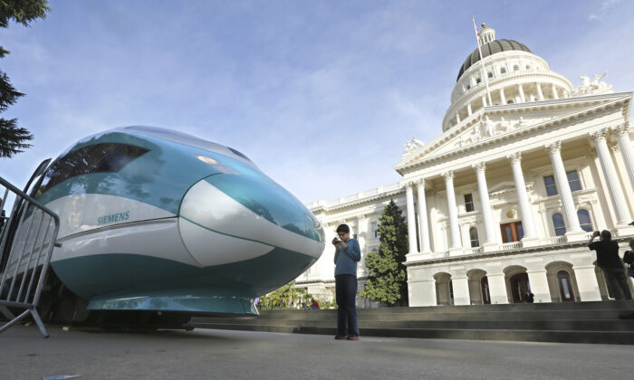 A full-scale mock-up of a high-speed train is displayed at the Capitol in Sacramento, Calif., on Feb. 26, 2015. (AP Photo/Rich Pedroncelli, File)