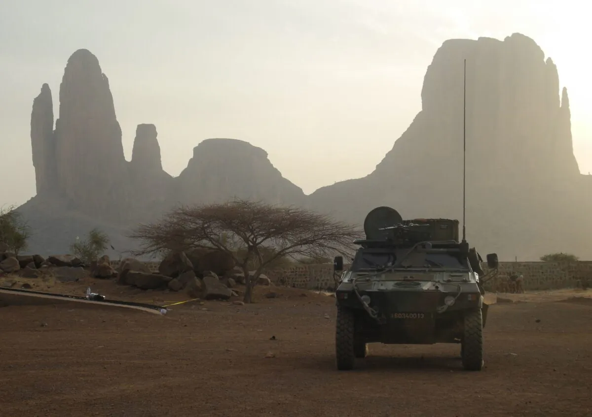 A French armoured vehicle drives by the Mount Hombori during the start of the French Barkhane Force operation in Mali's Gourma region, on March 27, 2019. (Daphné Benoit/AFP via Getty Images)