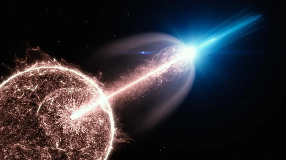 Artist’s impression of a relativistic jet of a gamma-ray burst (GRB) breaking out of a collapsing star and emitting very-high-energy photons. (DESY, Science Communication Lab)
