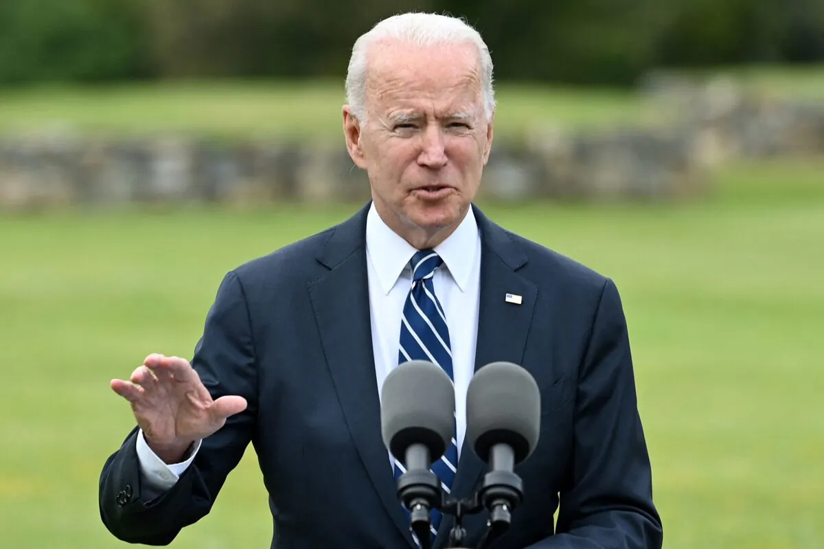 President Joe Biden delivers a speech on the COVID-19 pandemic, in St Ives, Cornwall, England, on June 10, 2021. (Brendan Smialowski/AFP via Getty Images)