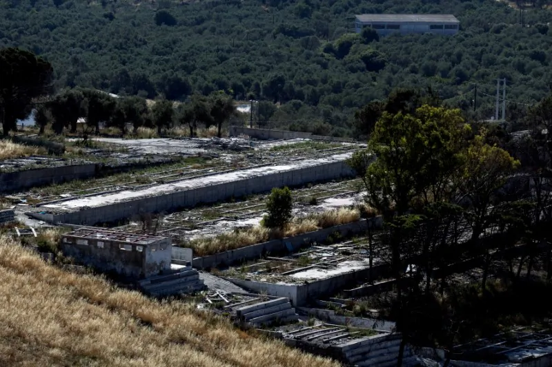 A view of the destroyed Moria camp for refugees and migrants on the island of Lesbos, Greece, on June 3, 2021. (Alkis Konstantinidis/Reuters)