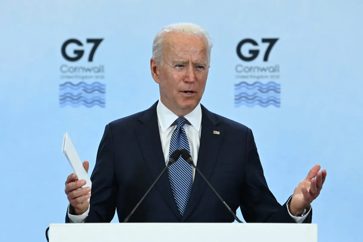 President Joe Biden takes part in a press conference on the final day of the G-7 summit at Cornwall Airport Newquay, near Newquay, Cornwall, on June 13, 2021. (BRENDAN SMIALOWSKI/AFP via Getty Images)