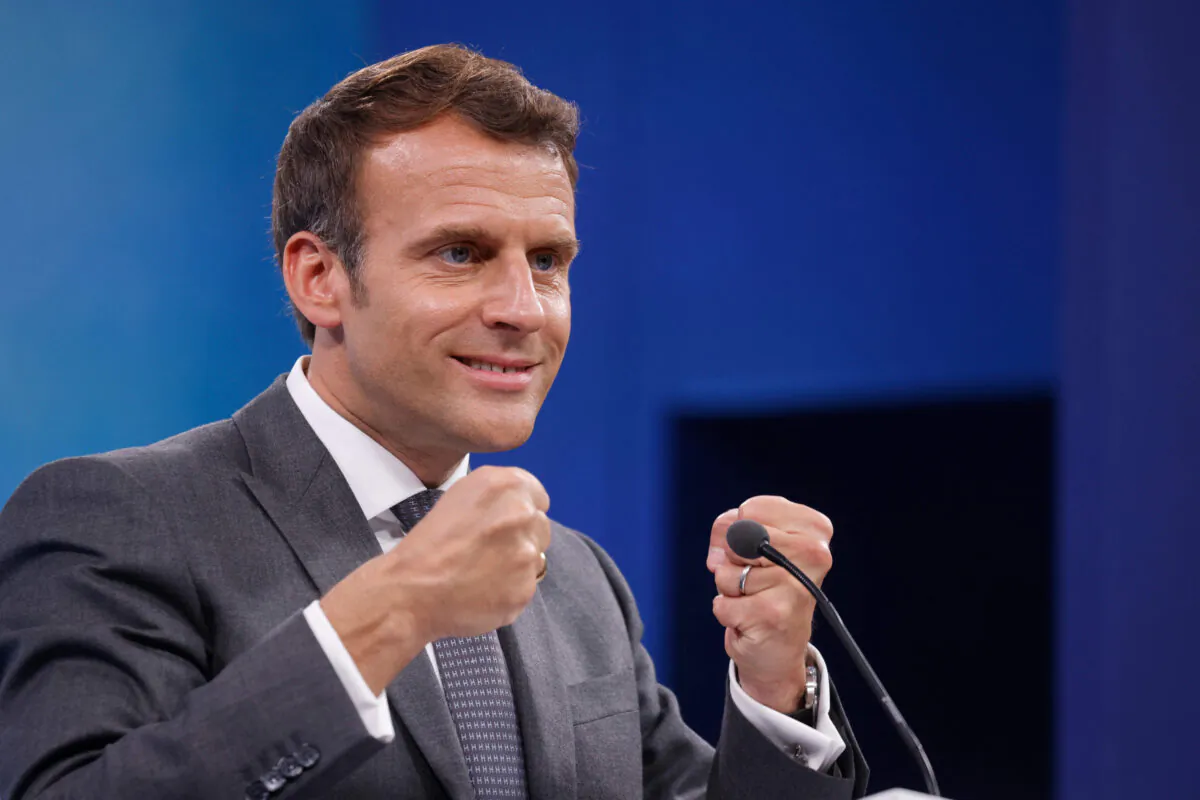 France's President Emmanuel Macron takes part in a press conference on the final day of the G7 summit in Carbis Bay, Cornwall on June 13, 2021. (Ludovic Marin/AFP via Getty Images)