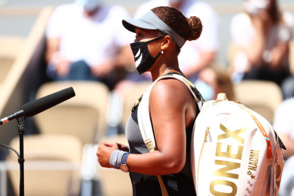 Naomi Osaka of Japan talks as she is interviewed
