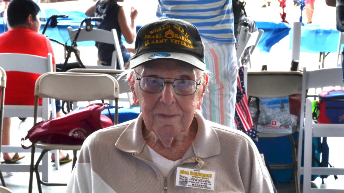 Richard “Dick” Schimmel, a veteran of Pearl Harbor, recounted the “Day of Infamy” at the WWII Weekend in Reading, Pa., on June 6, 2021. (Frank Liang/The Epoch Times)