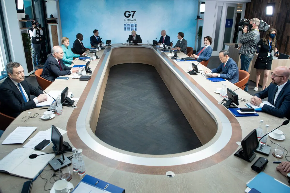 A general view of G7 leaders and their guests is pictured at a working sesssion during the G7 summit in Carbis Bay, Cornwall, UK, on June 12, 2021. (Brendan Smialowski/POOL/AFP via Getty Images)