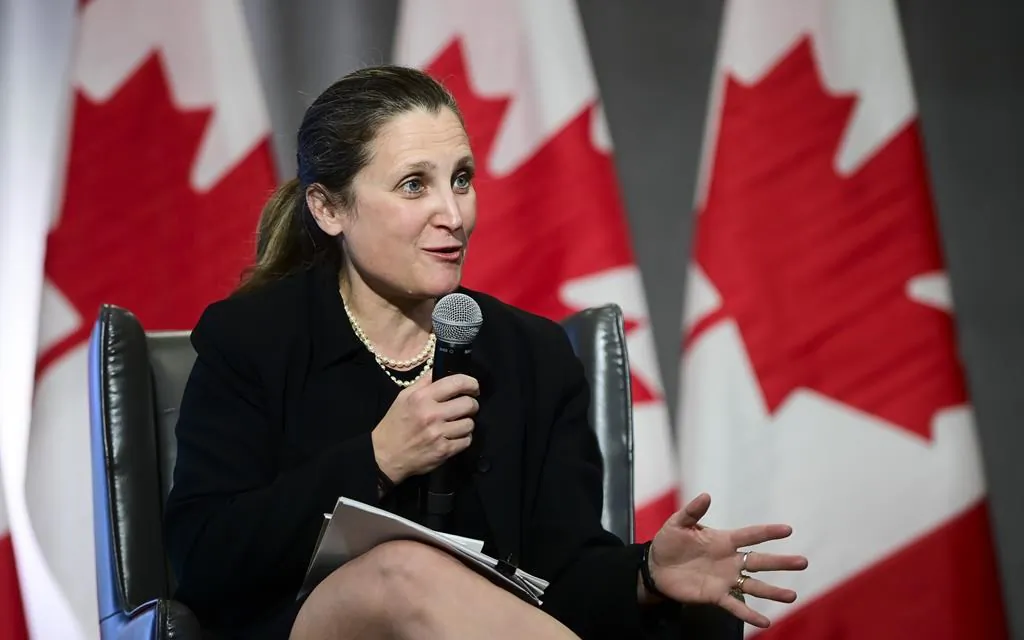 Deputy Prime Minister, not shown, and Minister of Finance Chrystia Freeland joins Prime Minister Justin Trudeau as they  participate in a virtual discussion from Ottawa on May 3, 2021, with seniors from Residence Memphremagog in Magog, Quebec. (The Canadian Press/Sean Kilpatrick)