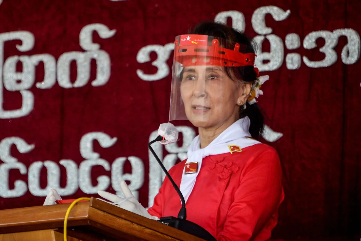 Aung San Suu Kyi attends the 32nd anniversary of the National League for Democracy (NLD) in Naypyidaw, Burma, on Sept. 27, 2020. (Thet Aung/AFP via Getty Images)