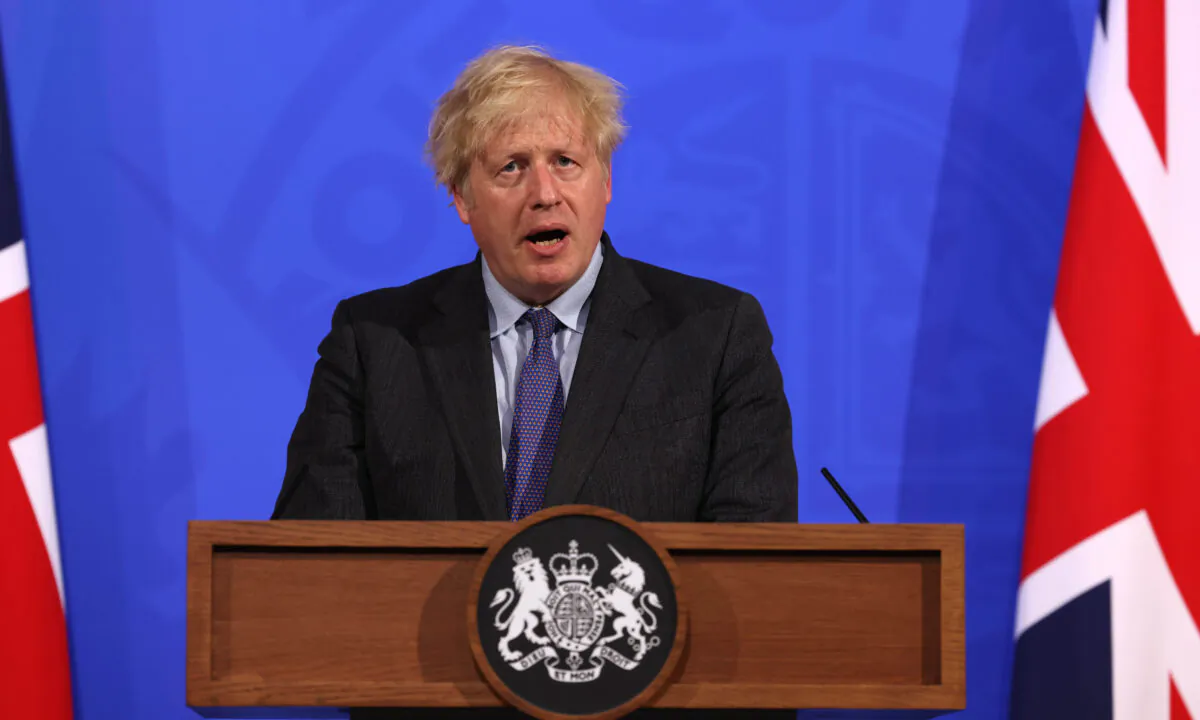 Prime Minister Boris Johnson during a media briefing in Downing Street, London, on June 14, 2021. (Jonathan Buckmaster/Daily Express via PA)
