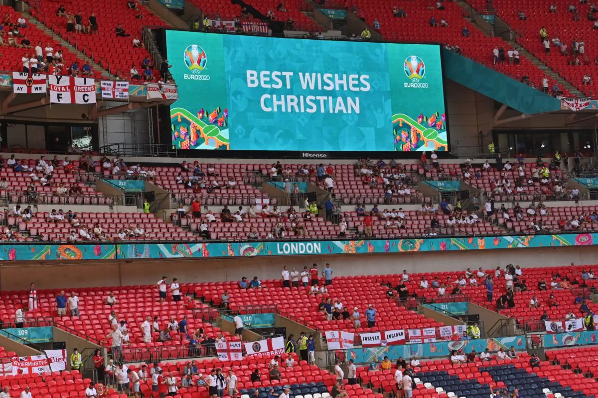 A message in support to Denmark's midfielder Christian Eriksen before the UEFA EURO 2020 Group D football match between England and Croatia at Wembley Stadium in London on June 13, 2021. (Justin Tallis/POOL/AFP via Getty Images)