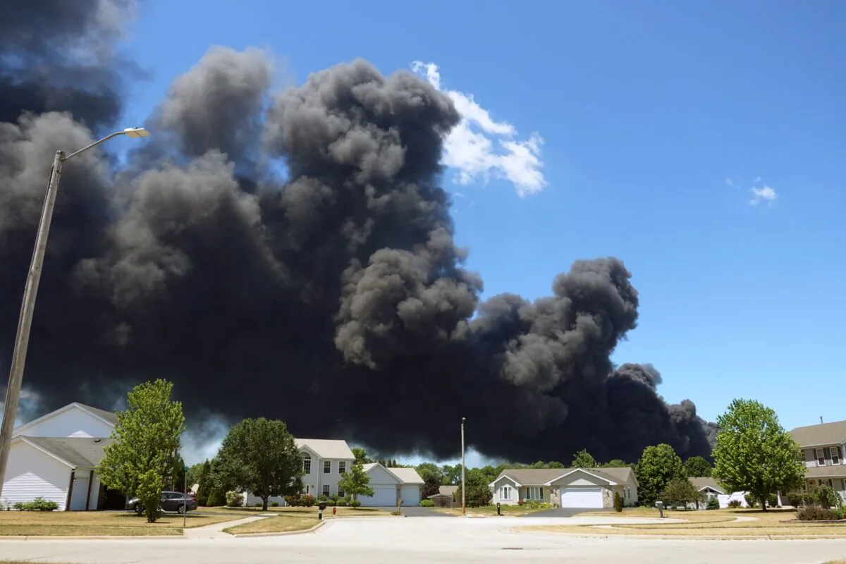 An industrial fire burns at Chemtool Inc. in Rockton, Ill., on June 14, 2021. (Scott Olson/Getty Images)
