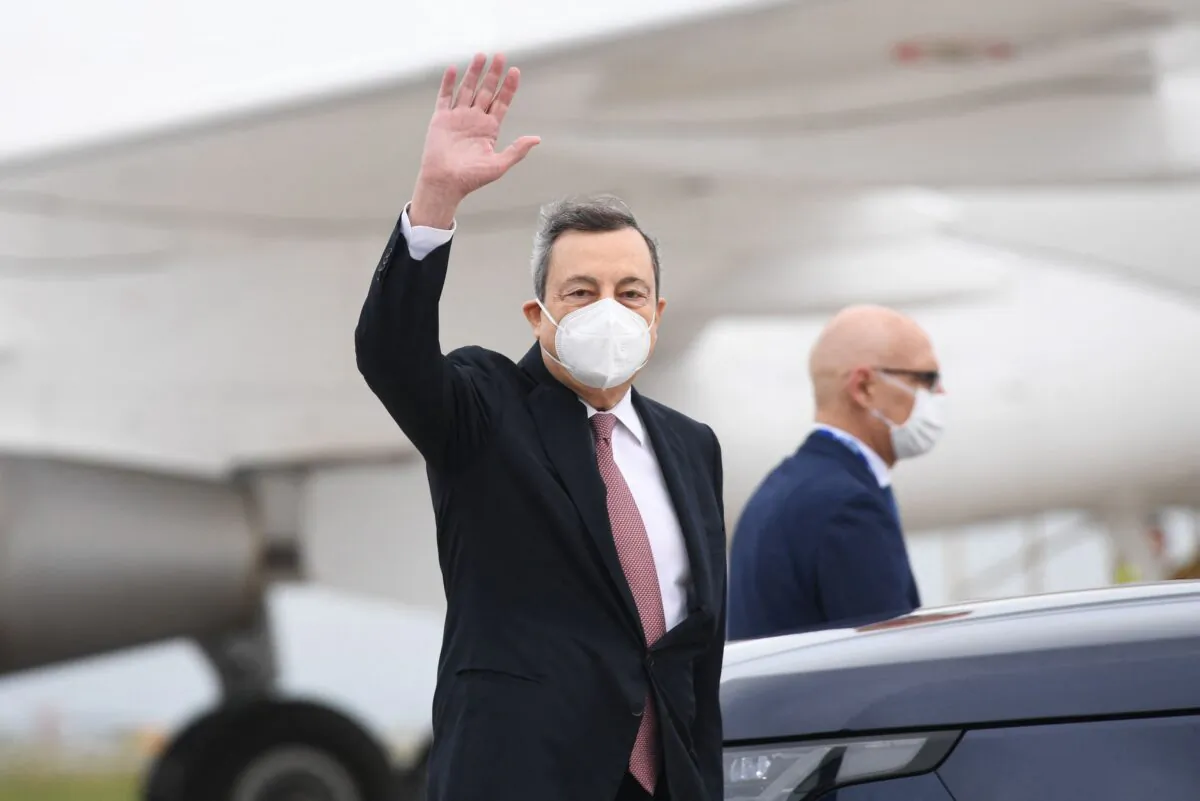 Italy's Prime minister Mario Draghi arrives at Cornwall Airport Newquay, near Newquay, Cornwall, for the G7 summit, on June 11, 2021. (STEFAN ROUSSEAU/POOL/AFP via Getty Images)