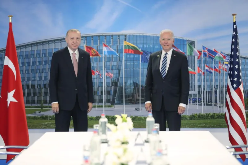 Turkish President Tayyip Erdogan meets with U.S. President Joe Biden on the sidelines of the NATO summit in Brussels, Belgium, on June 14, 2021. (Murat Cetinmuhurdar/Presidential Press Office/Handout via Reuters