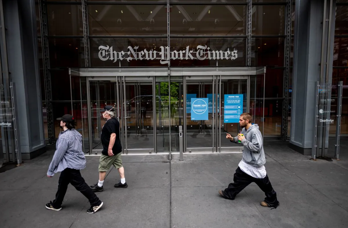 The New York Times building in New York City on June 30, 2020. (Johannes Eisele/AFP via Getty Images)