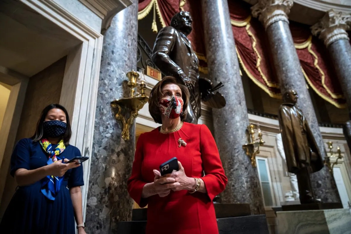 Speaker of the House Nancy Pelosi (D-CA) talks to reporters after meeting with the family of George Floyd at the U.S. Capitol in Washington on May 25, 2021. (Drew Angerer/Getty Images)