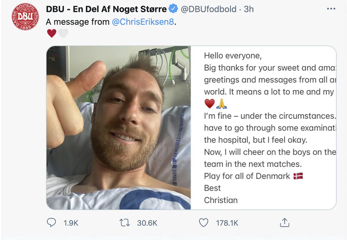 Footballer Christian Eriksen's first public message from the hospital on June 15, 2021. (DBU via AP)