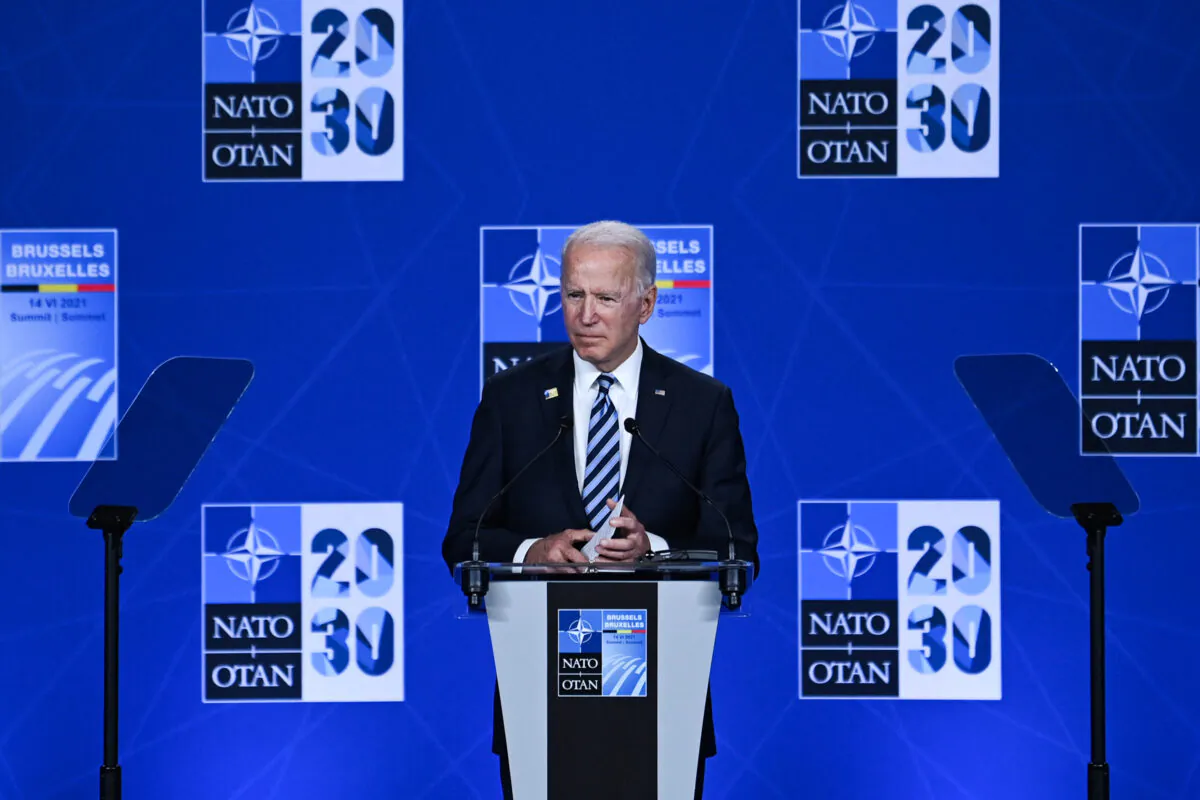 U.S. President Joe Biden speaks during a press conference after the NATO summit at the North Atlantic Treaty Organization (NATO) headquarters in Brussels, on June 14, 2021. (Brendan Smialowski/AFP via Getty Images)