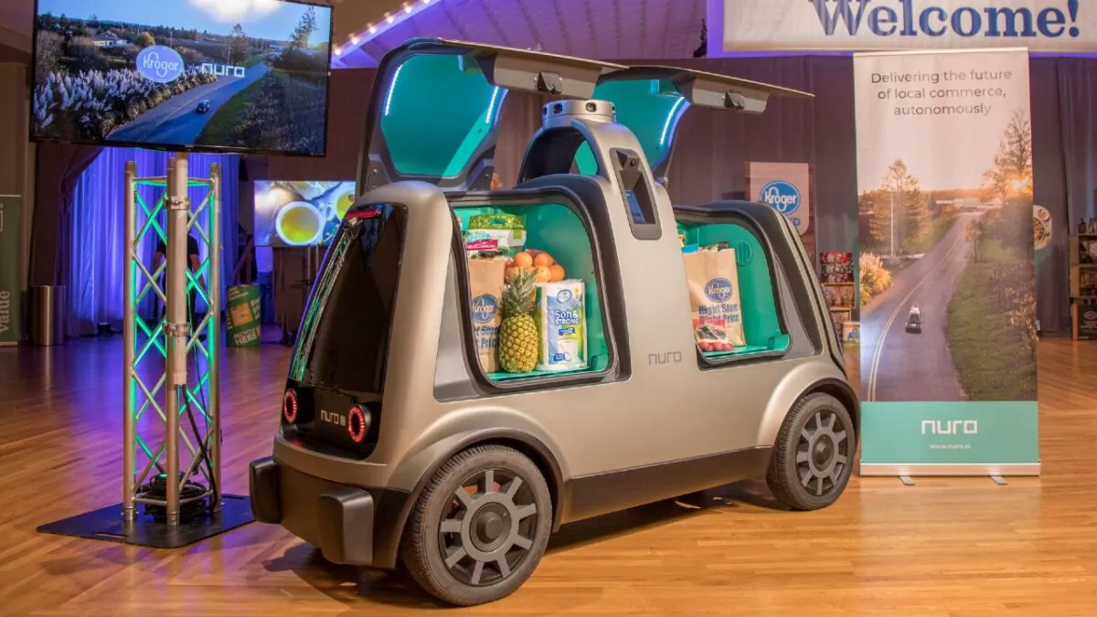 The unmanned delivery vehicle, Nuro, is seen during the Kroger annual shareholders meeting in Cincinnati, Ohio, on June 28, 2018. (Kroger/Handout via Reuters)