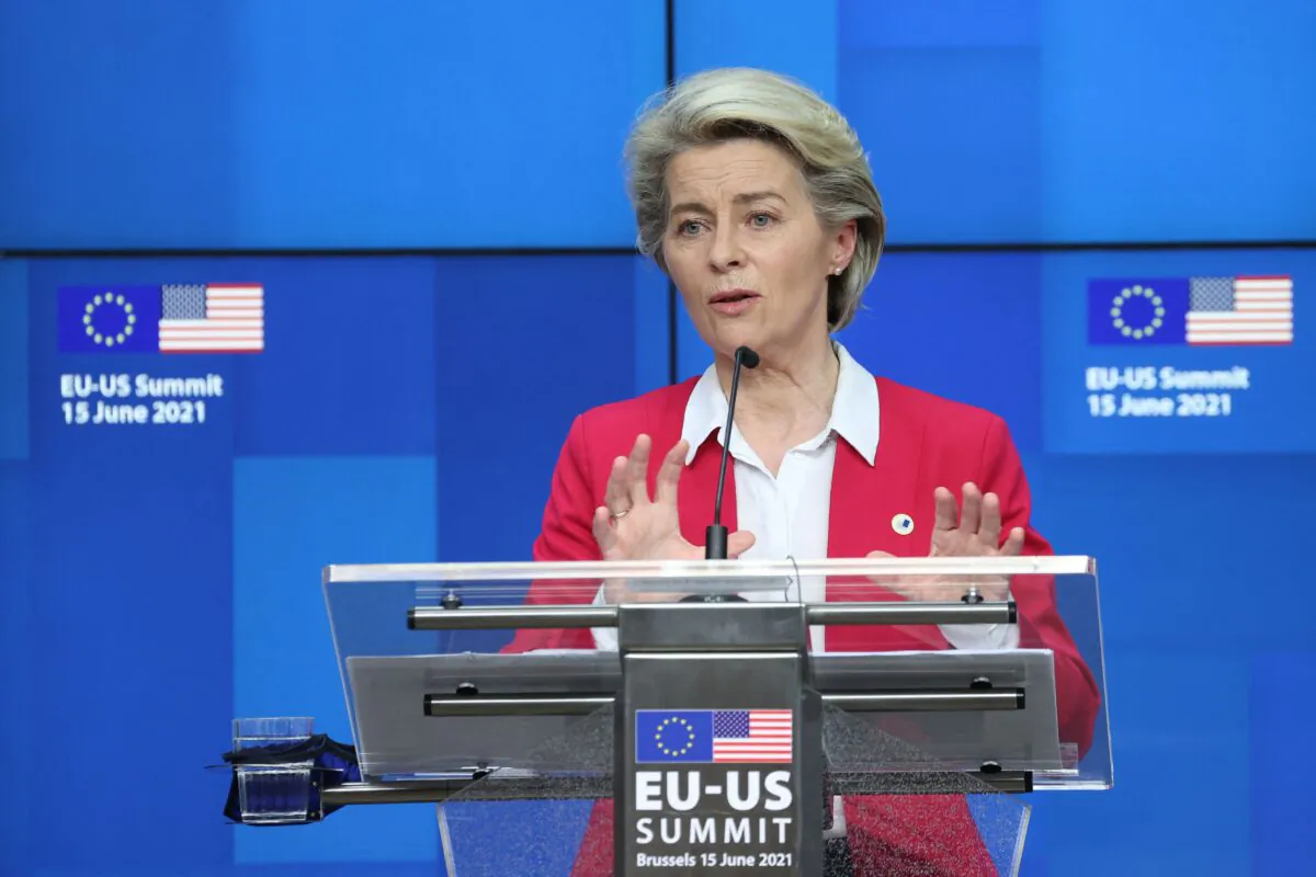 President of the EU Commission Ursula von der Leyen gives a press conference after an EU-US summit at the European Union headquarters in Brussels, Belgium, on June 15, 2021. (Kenzo Tribouillard/AFP via Getty Images)