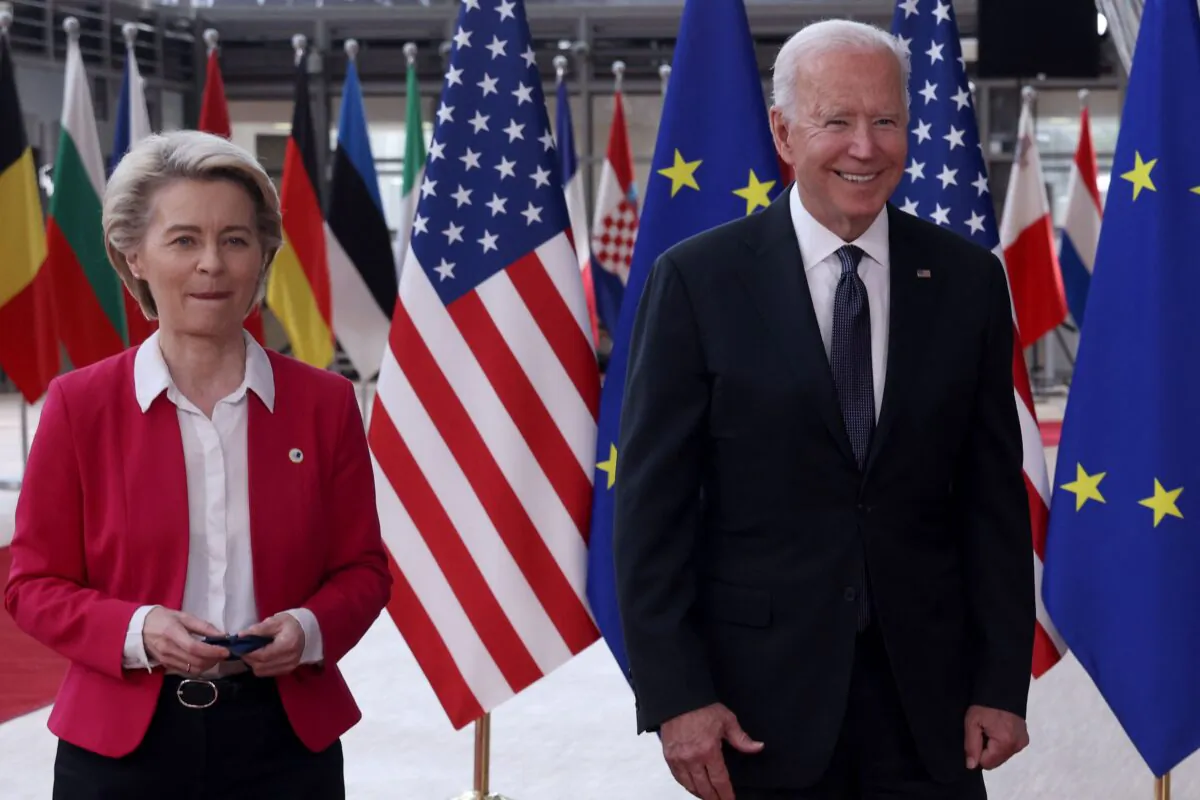 President of the EU Commission Ursula von der Leyen (L) and President Joe Biden arrive for an EU-US summit at the European Union headquarters in Brussels on June 15, 2021. (Kenzo Tribouillard/AFP via Getty Images)