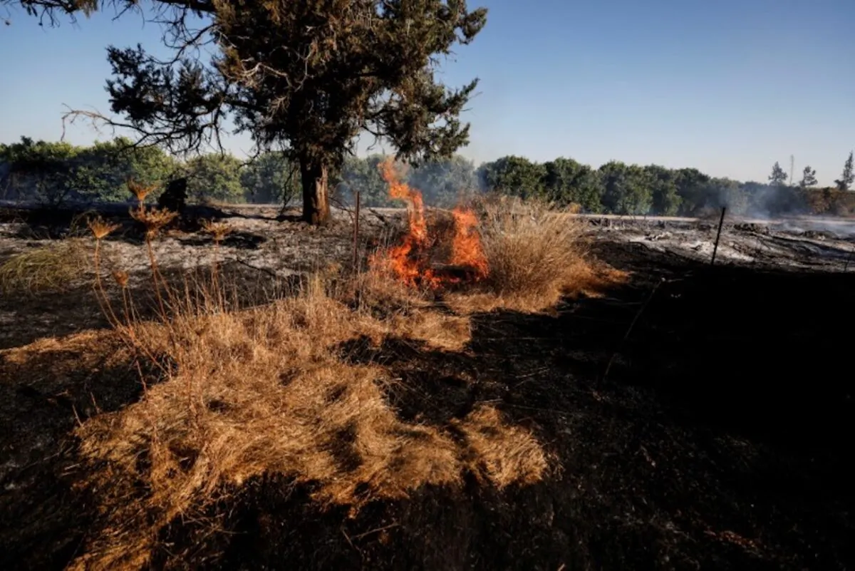 A field on fire is seen after Palestinians in Gaza sent incendiary balloons over the border between Gaza and Israel, Near Nir Am, on June 15, 2021. (Amir Cohen/Reuters)