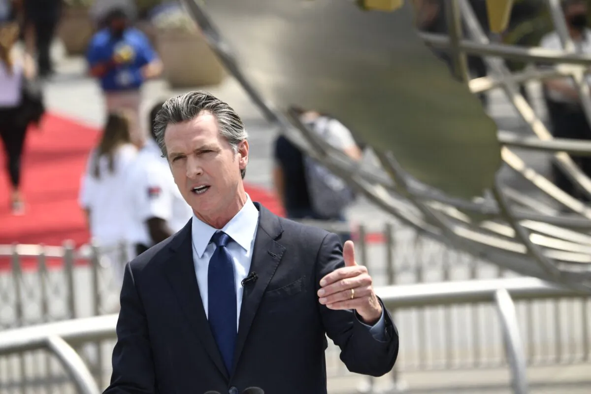 California Gov. Gavin Newsom speaks at a press conference to discuss the state reopening at Universal Studios in Hollywood, Calif., on June 15, 2021. (Patrick T. Fallon/AFP via Getty Images)