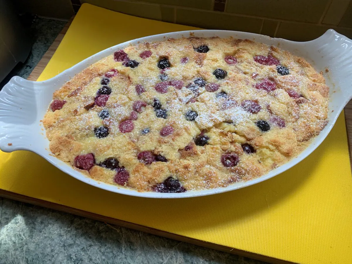 Colorful in red, white, and blue, this white chocolate and berry bread pudding is not only beyond delicious but also patriotic. (Diane Rossen Worthington/TNS)