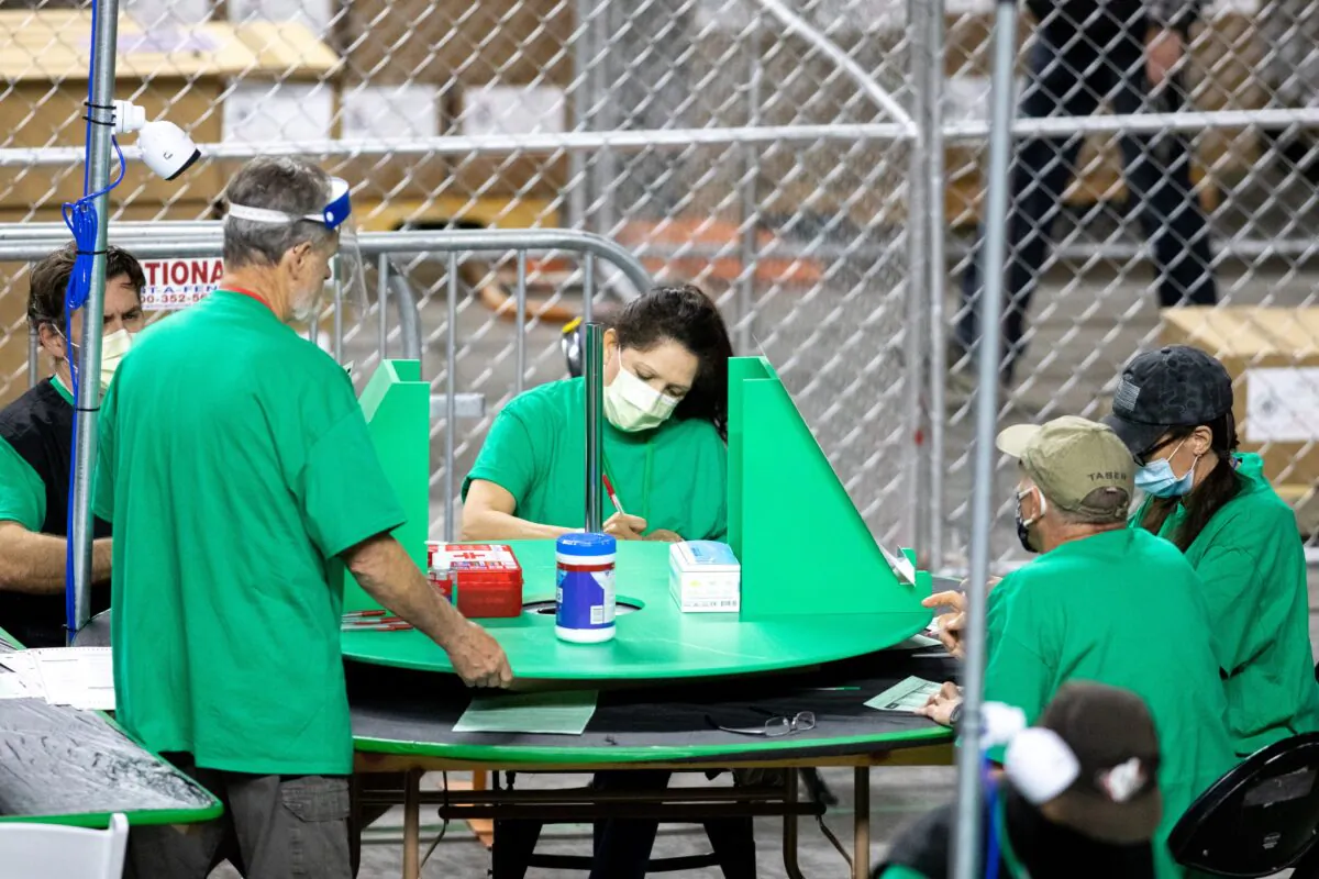 Contractors working for Cyber Ninjas, who was hired by the Arizona Senate, work during a 2020 election audit at Veterans Memorial Coliseum in Phoenix, Ariz. on May 1, 2021. (Courtney Pedroza/Getty Images)
