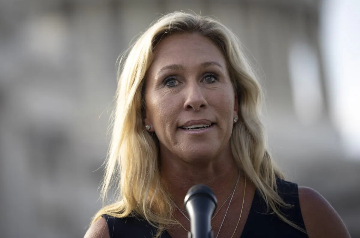 Rep. Marjorie Taylor Greene (R-Ga.) speaks at a news conference after visiting the Holocaust Museum, outside the U.S. Capitol in Washington on June 14, 2021. (Drew Angerer/Getty Images)