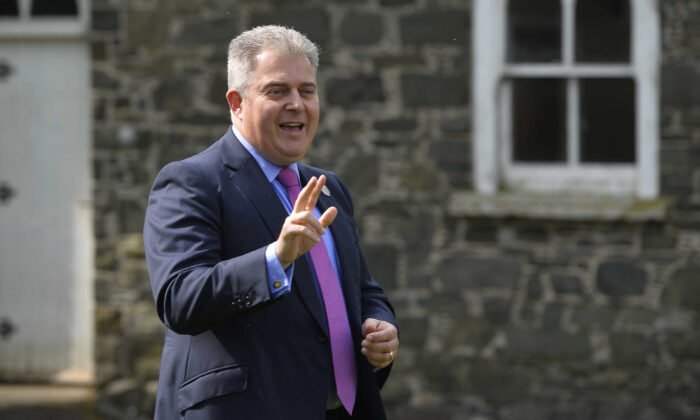 Secretary of State for Northern Ireland Brandon Lewis speaks to members of the media on June 1, 2021. (Mark Marlow/PA)