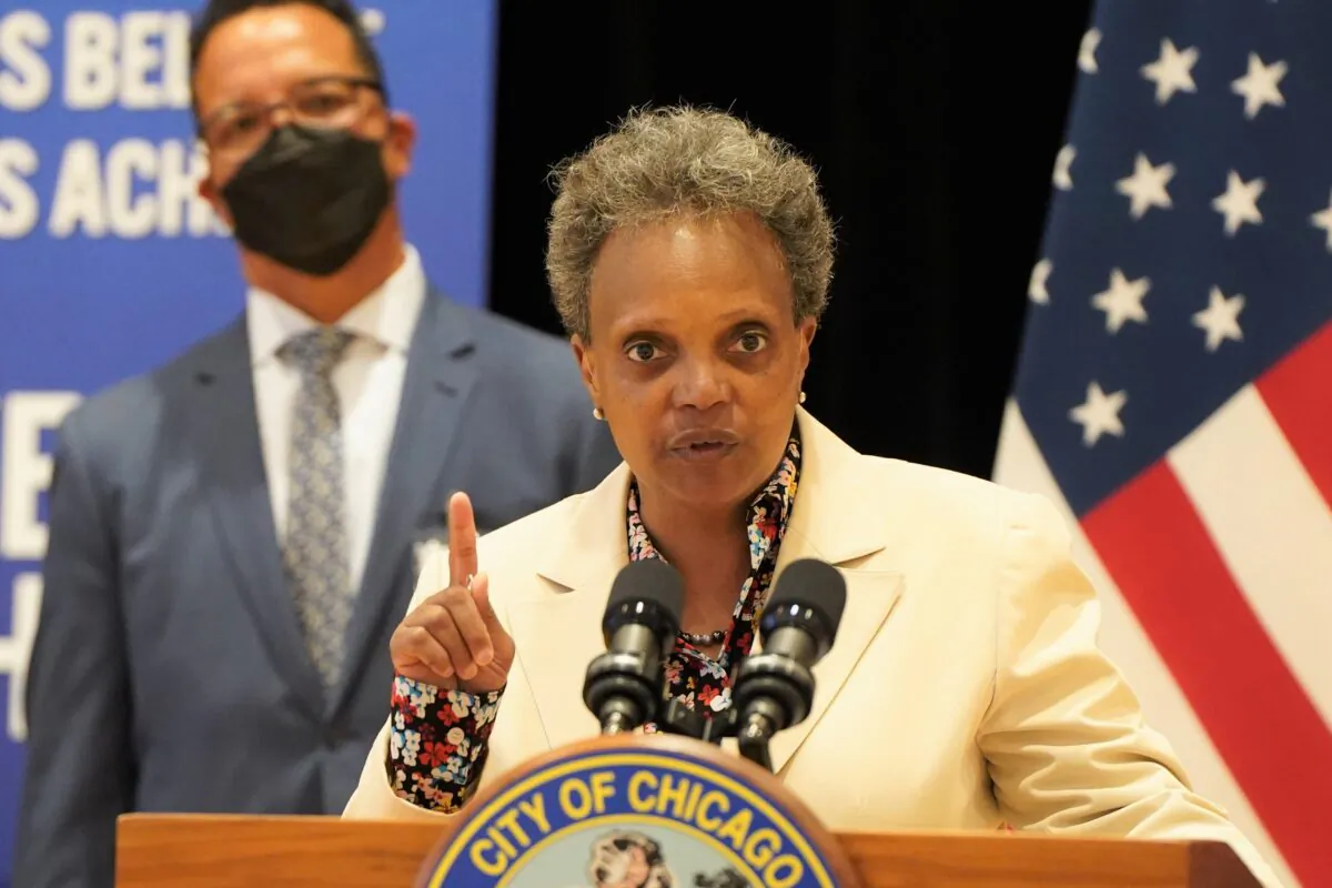 Chicago Mayor Lori Lightfoot speaks during a press conference at the Richardson Middle School in Chicago on June 14, 2021. (Cara Ding/The Epoch Times)