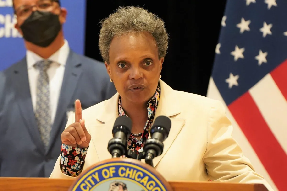 Chicago Mayor Lori Lightfoot speaks during a press conference at the Richardson Middle School in Chicago on June 14, 2021. (Cara Ding/The Epoch Times)