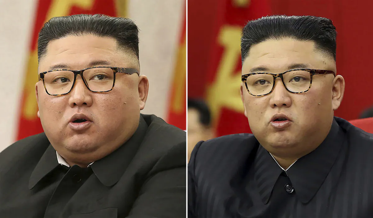 This combination of file photos shows North Korean leader Kim Jong Un at Workers' Party meetings in Pyongyang, North Korea, on Feb. 8, 2021 (L) and June 15, 2021. (Korean Central News Agency/Korea News Service via AP)