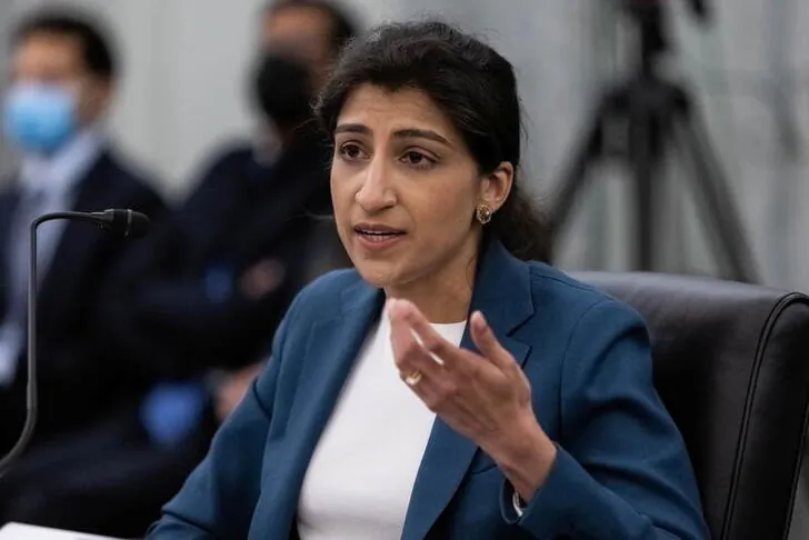 Then FTC commissioner nominee Lina M. Khan testifies during a Senate Commerce on Capitol Hill in Washington, U.S., April 21, 2021. (Graeme Jennings/Pool via Reuters)