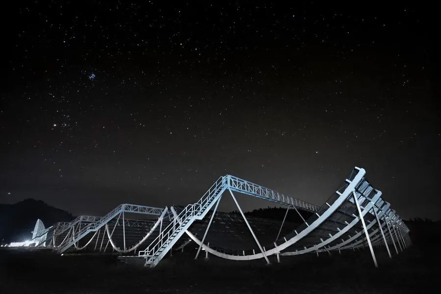 The large radio telescope CHIME, which has detected more than 500 mysterious fast radio bursts in its first year of operation, according to MIT researchers. (CHIME collaboration)