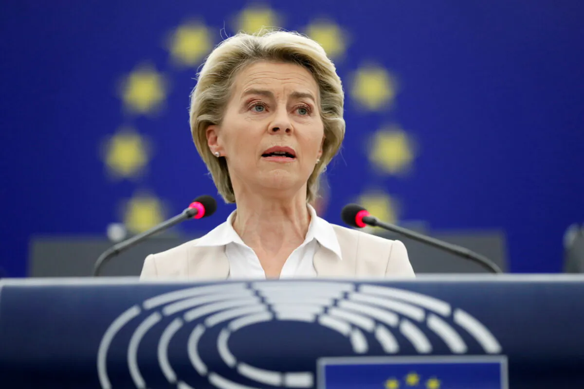 European Commission President Ursula von der Leyen speaks at the European Parliament in Strasbourg, France, on June 8, 2021. (Jean-Francois Badias/Pool via Reuters)