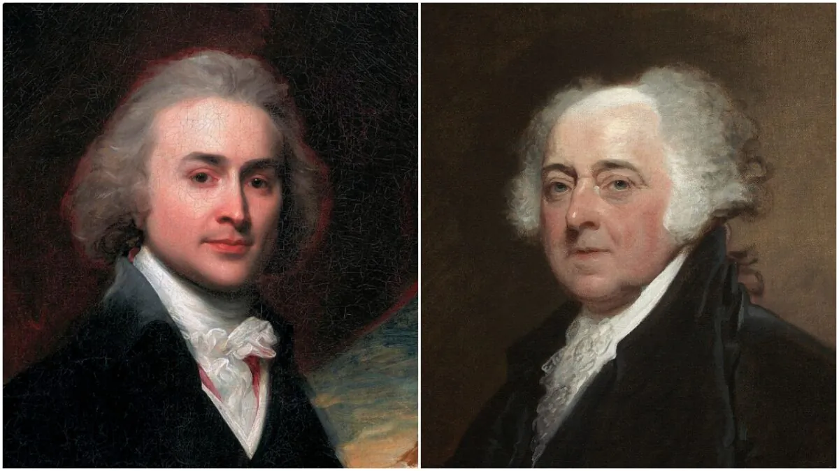 (L-R) Portraits of John Quincy Adams, age 28, by John Singleton Copley, and John Adams by Gilbert Stuart. (Public domain)