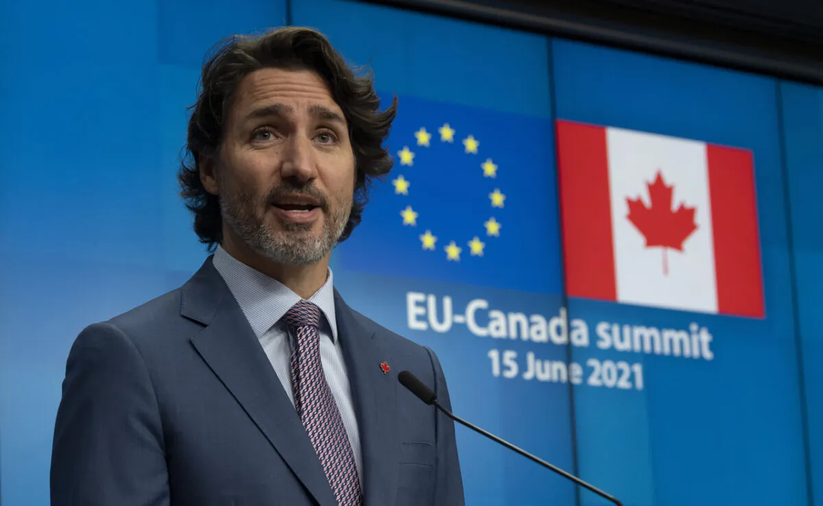 Canadian Prime Minister Justin Trudeau speaks during a joint news conference with European Council President Charles Michel European Commission President Ursula von der Leyen following the EU-Canada Summit in Brussels, Belgium, on June 15, 2021. (The Canadian Press/Adrian Wyld)