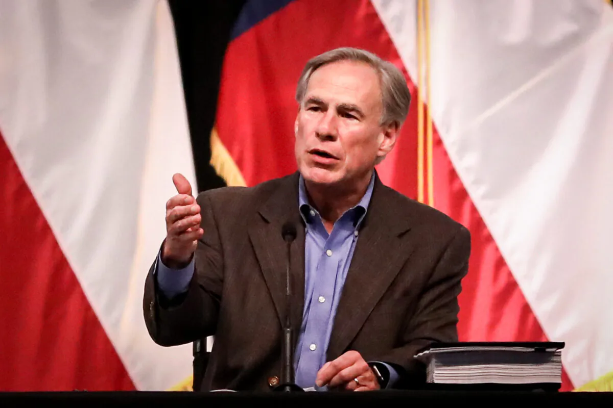 Texas Gov. Greg Abbott during a border security summit in Del Rio, Texas, on June 10, 2021. (Charlotte Cuthbertson/The Epoch Times)