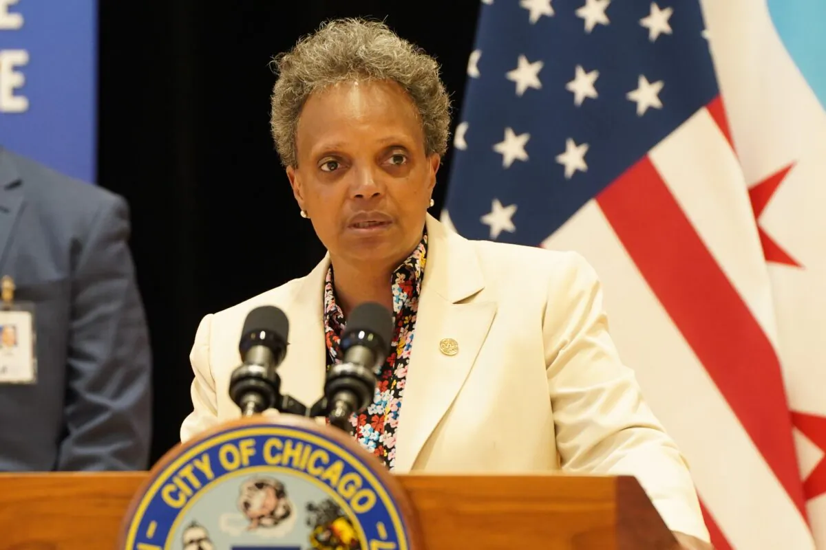 Chicago Mayor Lori Lightfoot speaks during a press conference at the Richardson Middle School in Chicago on June 14, 2021. (Cara Ding/The Epoch Times)