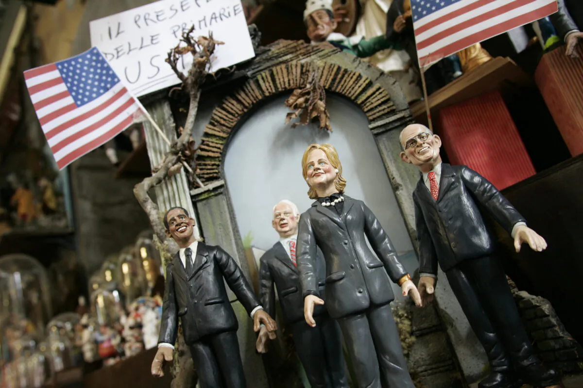 Detail of figurines of U.S. politicians and 2008 U.S. Presidential Election candidates (L-R) Barack Obama, John McCain, Hillary Rodham Clinton, and Rudolph Giuliani displayed in a shop in Naples, Italy, on Nov. 14, 2007. (Salvatore Laporta/Getty Images)