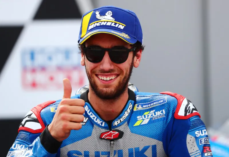 Team Suzuki Ecstar's Alex Rins celebrates after finishing second at the MotoGP of Teruel at Motorland Aragon Circuit in Alcaniz, Spain, on Oct. 25, 2020. (Sergio Perez/Reuters)