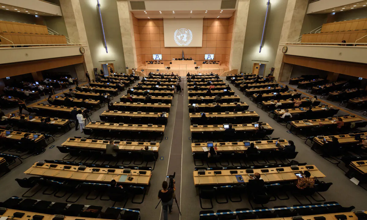 General view at the opening of the U.N. Human Rights Council's 44th session in Geneva on June 30, 2020. (Fabrice Coffrini/AFP via Getty Images)