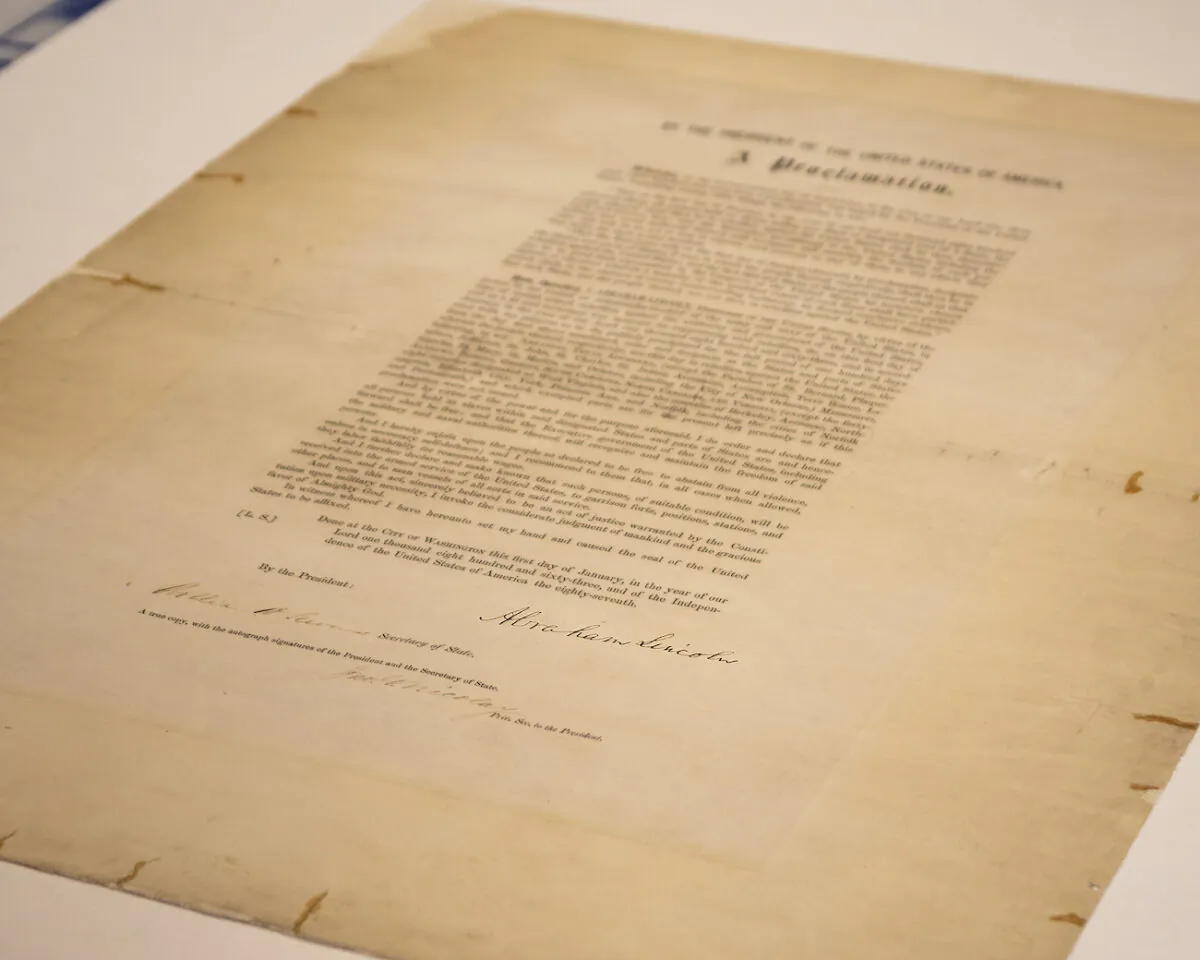 A signed copy of Emancipation Proclamation, displayed at the Abraham Lincoln Presidential Library and Museum, on June 8, 2021. (Abraham Lincoln Presidential Library and Museum photo via AP)