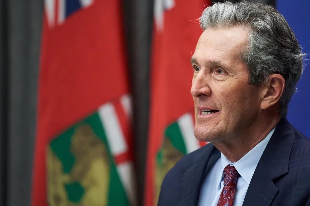 Premier of Manitoba Brian Pallister speaks at a news conference after the 2021 budget was delivered at the Manitoba Legislative Building in Winnipeg on April 7, 2021. (The Canadian Press/David Lipnowski)