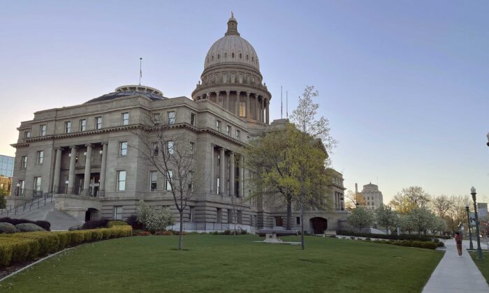 The Idaho Statehouse is seen at sunrise in Boise, Idaho, on April 20, 2021. (AP Photo/Keith Ridler)