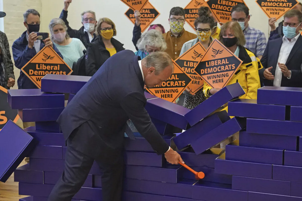 Liberal Democrat leader Ed Davey during a victory rally at Chesham Youth Centre in Chesham, England, on June 18, 2021. (Steve Parsons/PA via AP)